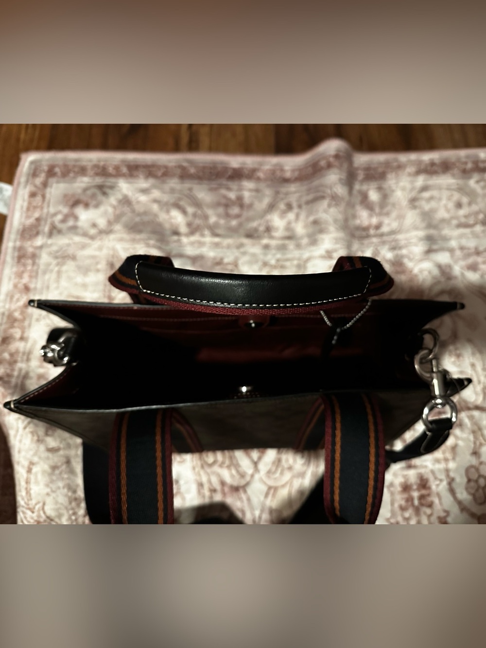 Coach Brown Signature Canvas Tote with Black and Burgundy Straps - Picture 3 of 4